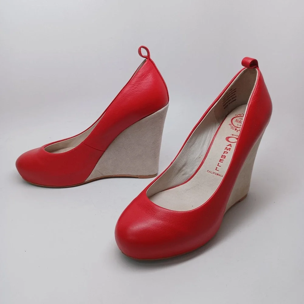 Jeffrey Campbell Nassau Last Red Leather Beige Suede Wedge Pumps Womens 7M